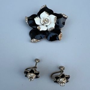 Vintage Flower Brooch and Screw Back Earrings Set with Rhinestones